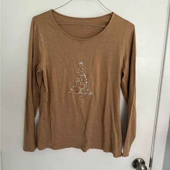 Women's Tan Long Sleeve Top with Christmas Tree - Picture 2 of 3